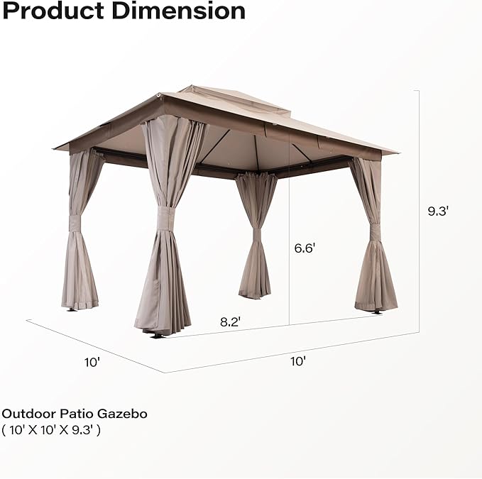 LAUSAINT HOME 10x10ft Outdoor Patio Gazebo with Double Roof, Heavy Duty Waterproof Gazebo Canopy Tent with Mosquito Netting for Backyard, Garden, Lawn & Wedding, Khaki