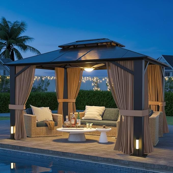 10x12 Hardtop Gazebo with Curtains & Netting, Double Roof Polycarbonate Canopy, Heavy-Duty Aluminum Frame Pergola for Patio, Garden, Deck – All-Weather UV & Rust Resistant