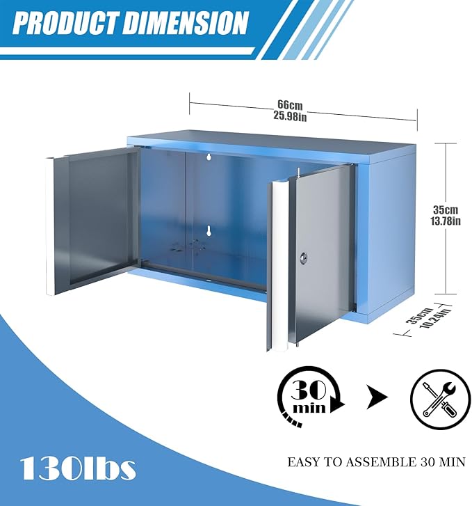 LARBANKE Metal Wall Cabinet with 2 Door,Lockable Floating Wall Storage Cabinet for Garage,Basement and Ware House,Metal Wall Cabinet with Positioning Paper,Assembly Required