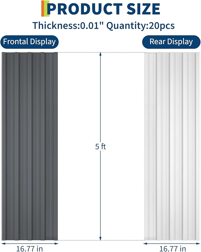 20Pcs Metal Roofing Panels for Carport, Heavy Duty Metal Carport Kits, Galvanized Steel Corrugated Panels, for Patio Outdoor Garden, 60.63 in x 16.77 in