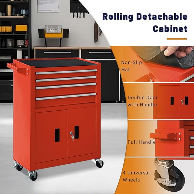 13-Drawer Rolling Tool Chest with Double Doors, 2 in 1 Detachable Rolling Tool Chest with Drawers, Metal Large Lockable Tool Box£¬Mobile Tool Cabinet Combo for Garage Workshop (Red)