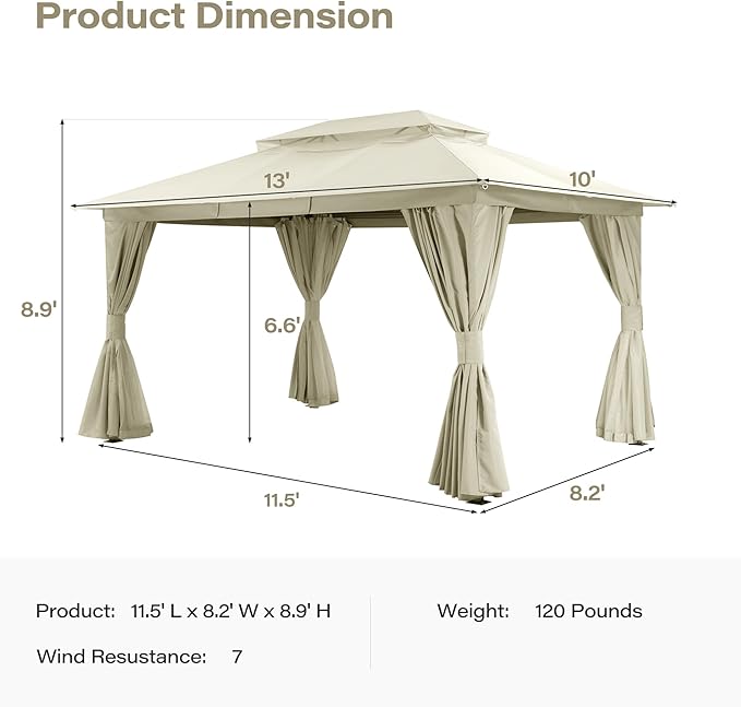 LAUSAINT HOME 10x13ft Outdoor Patio Gazebo with Double Roof, Heavy Duty Waterproof Gazebo Canopy Tent with Mosquito Netting for Backyard, Garden, Lawn & Wedding, Cream White