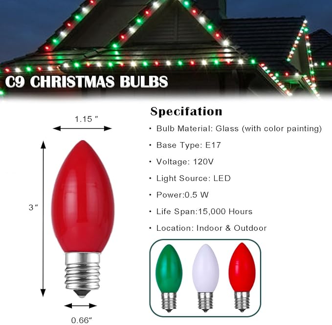 C9 LED Outdoor Christmas Lights,C9 String Lights with Quick Clips,for Xmas House Roof Gutter,Plug in & Connectable,50FT 50 Light,Red Green White