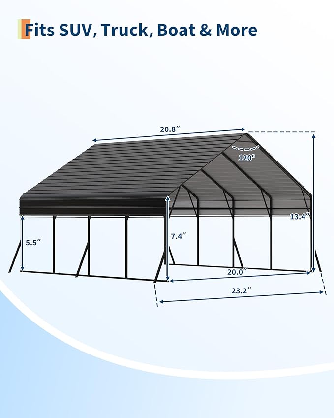 20'x20' Heavy Duty Car Ports Kit for Trucks, Boats, RV, Tractor, Reinforced Frame with Anchors, Easy Assembly