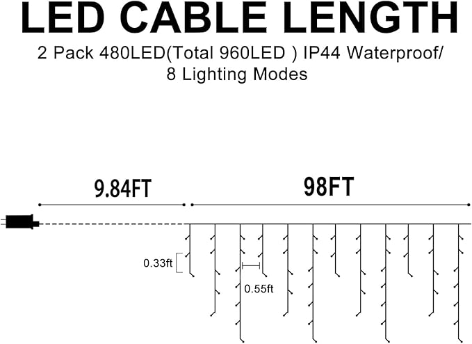 Christmas Lights Outdoor, 2 Pack Total 98FT 960 LED Ice Lights for Outside with 180 Drops Clear Wire 8 Modes Timer, Plug in Waterproof for Holiday Eaves Yard Roof Party Christmas Decor (Cool White)