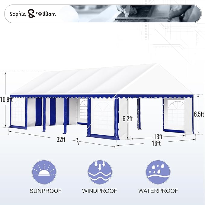 Tents for Parties Party Tent 16x32 ft, Outdoor Canopy Carpas para Fiestas Heavy Duty, Large Waterproof Patio Event Wedding Tent White & Blue with Sidewalls Walls for Backyard