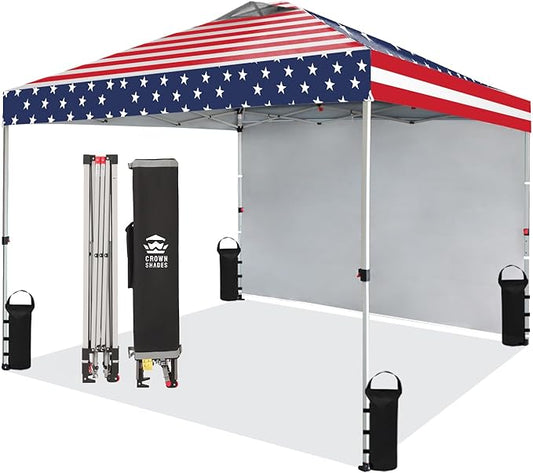 CROWN SHADES 10x10 Pop Up Canopy with 1 Side Wall - Beach Tent with One Push Setup - Outdoor Sun Shade for Events, Parties, Camping - Gazebo with STO-N-Go Cover Bag (American Flag)