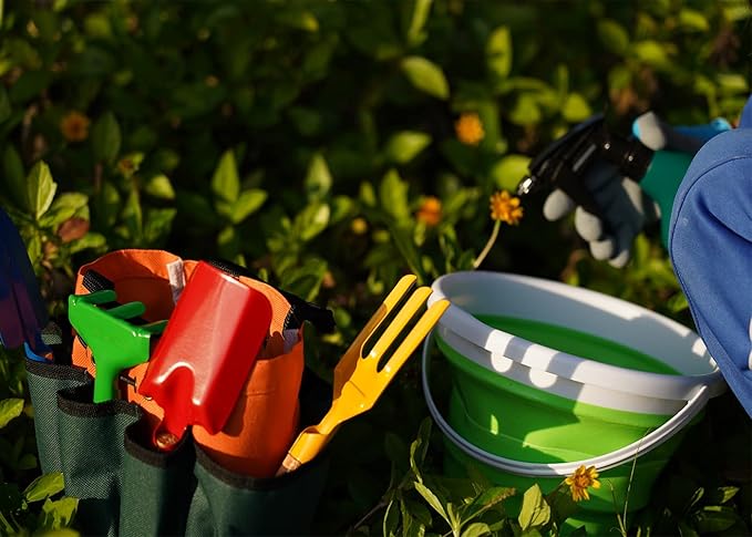 Kidz Gardening Set -Real Metal Gardening Tools Kit for Childrenz Includes Sturdy Shovel,Rake,Fork,Trowel,Kidz Garden Kit with Sun Hat,Apron,Gloves,Tote Bag,Sprayer and Bucket,Outdoor Gardening Gifts