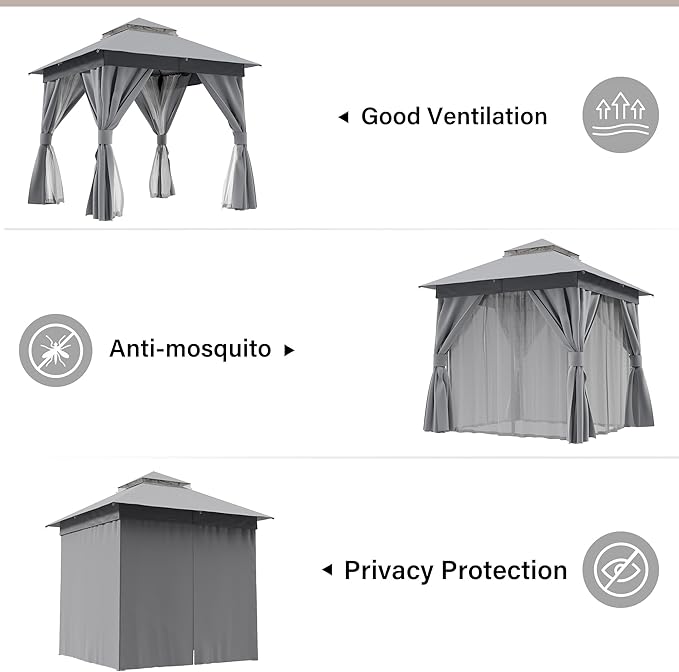LAUSAINT HOME Semi-Permanent Patio Gazebo 8'x8' with Expansion Bolts, Outdoor Heavy Duty Party Tent with Double Roofs, Mosquito Nettings and Privacy Screens for Backyard, Garden, Lawn, Smoke Grey