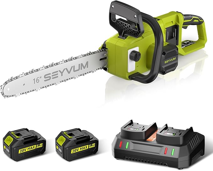 SEYVUM Brushless 40V 16 Inch Chainsaw with 2 x 4.0Ah Batteries, Electric Chain Saw Cordless with Tool-free Chain Tension, Auto Oiling, Heavy-Duty for Tree Felling, Firewood Cutting, Pruning