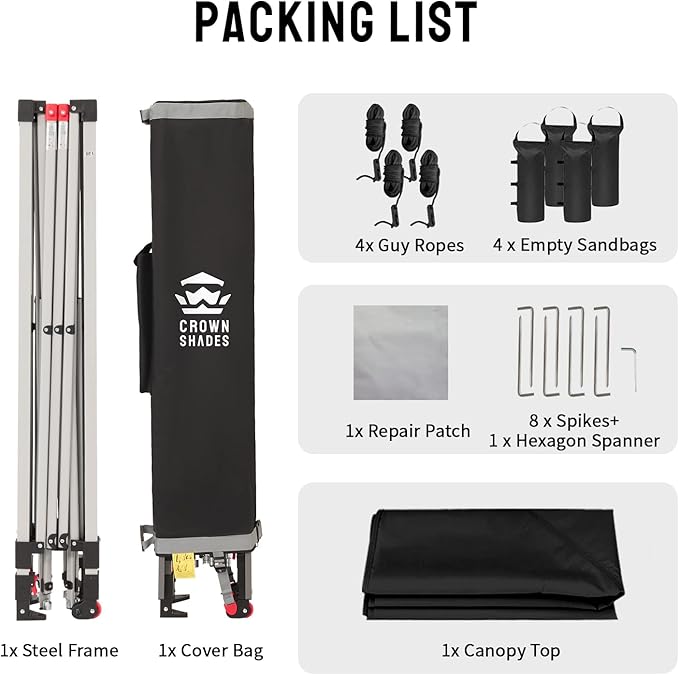 CROWN SHADES 8x8 Pop Up Canopy, Patented Center Lock One Push Instant Popup Outdoor Canopy Tent, Newly Designed Storage Bag, 8 Stakes, 4 Ropes, Silver-Coated Black