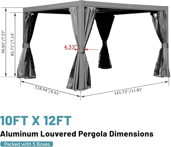 Louvered Pergola 10 x 12 FT, Aluminum Outdoor Pergola with Independent Adjustable Rainproof Top, Built-in Gutter System, Hardtop Patio Metal Pergolas for Deck Garden Backyard -Grey