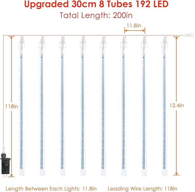 2 Pack Christmas Decorations Lights Outdoor, Extendable Meteor Shower Lights with Timer, Total 384LED 30cm 16 Tubes Indoor Outdoor Snow Cascading String Light for Xmas Party Yard Decor (Red and White)