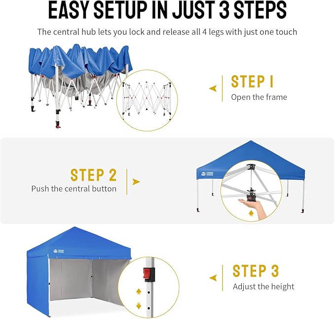 CROWN SHADES 10X10 Comercial Instant Canopy Pop Up Tent with Center Lock (10x10 with 4 Sidewalls, Blue)