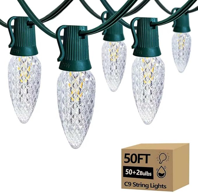 C9 Christmas String Lights, 50 Feet Waterproof Connectable Green Wire Fairy Lights, Christmas Lights for Indoor Outdoor Home Yard Roof Xmas Tree House Decorations, 50+2 Bulbs, Warm White
