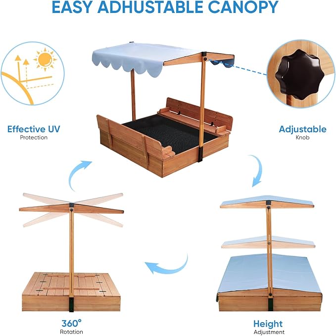 Wooden Kids Sandbox with Lid Sand Box with Cover for Outdoor with Canopy Ages 4-8, Sand Pit with 2 Foldable Bench Adjustable Roof Bottom Liner