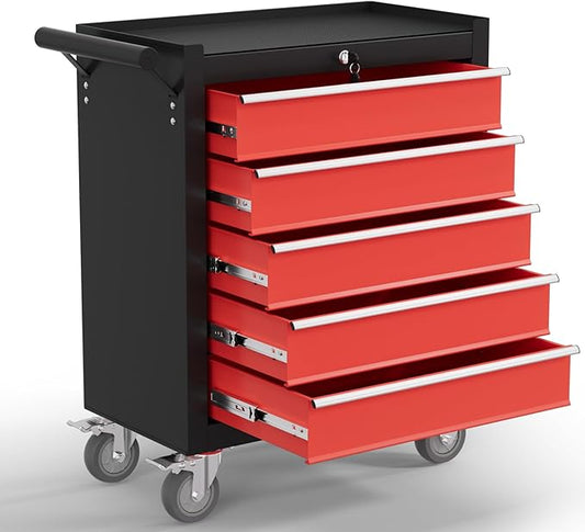5-Drawer Tool Chest,Rolling Tool Cart with Wheels,High Capacity Tool Cabinet with Locking System for Garage, Warehouse, Workshop-Black&Red