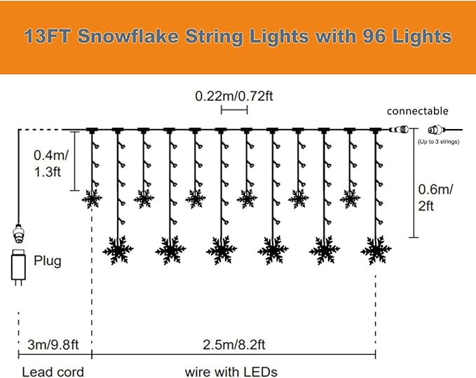 Vigdur Snowflake Christmas Curtain Lights, 13FT 96 LEDs Snowflake String Lights with Remote & 8 Flashing Modes Christmas String Lights for Holiday Wedding Party Home Decorations