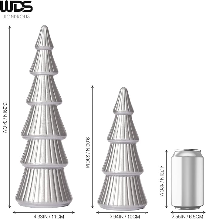 WONDROUS' DECO Wooden Christmas Tree Figurine, Tabletop Silver Tree Figurine, Set of 2 Desk Centerpieces for Christmas Decor