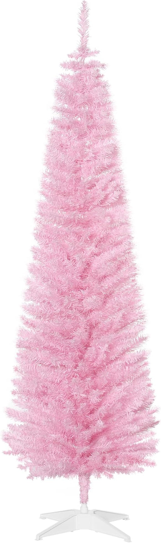 HOMCOM 6' Artificial Pencil Christmas Tree, Slim Xmas Tree with 390 Realistic Branch Tips and Plastic Stand, Pink