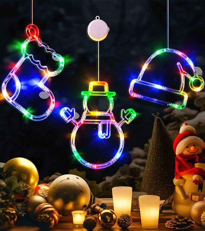 LOLStar Christmas Window Lights, 3 Pack Multicolor Christmas Stocking, Snowman, Santa Hat Lights with Suction Cup, Timer Function and Slow Fade Mode Battery Operated