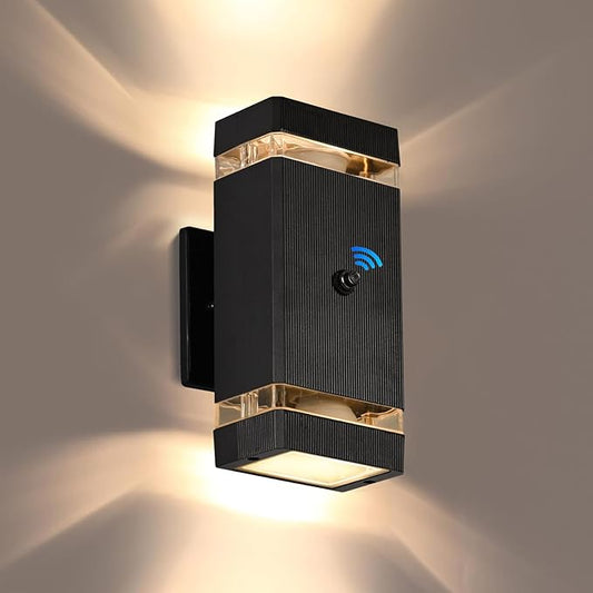 Outdoor Wall Lights 1 Pack, Integrated LED Up Down Lights, Modern Black Outdoor Wall Light with Dusk to Dawn Sensor Aluminum Exterior Wall Light for Porch Patio Door