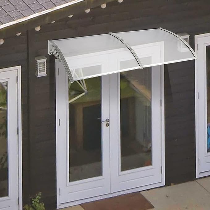 Window Awning Door Canopy Exterior- 38" x 80" Aluminum Door Awning, Polycarbonate Cover Patio Canopy Awning for House, Outside, Rain Snow & UV Resistant (Clear Board & Grey Bracket)