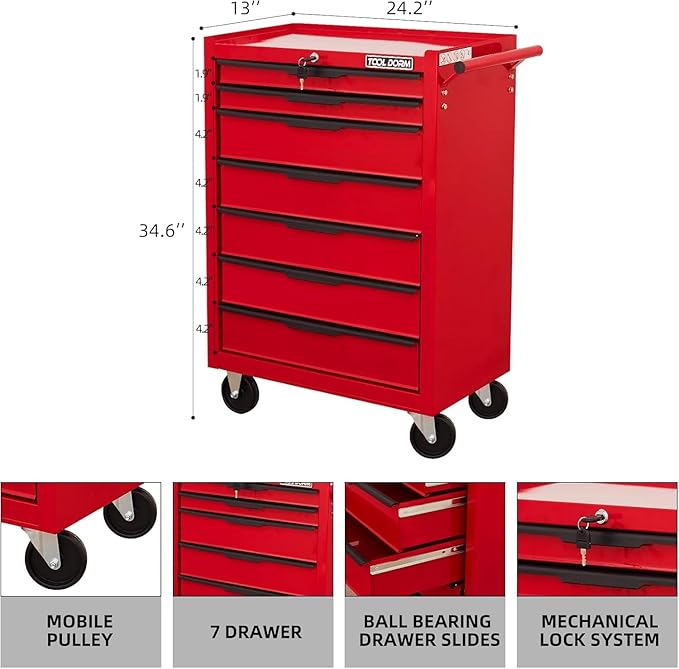7-Drawer Rolling Tool Chest with Locking Wheels & Drawers, 13 D x 24.2 W x 34.6 H Mobile Tool Storage Cabinet, Heavy-Duty Garage Organizer w/Ergonomic Handle