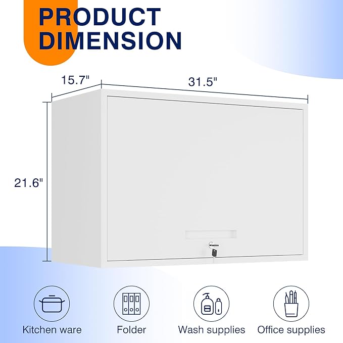 Yizosh Metal Wall Cabinet with Doors and Shelves, Floating Storage Unit for Garage or Basement (White, 21.6 H)