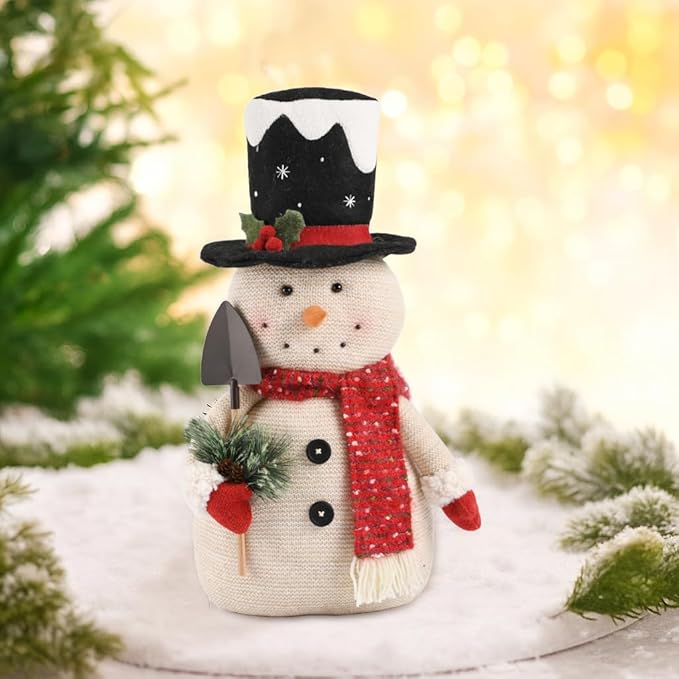 2025 Christmas Animated Snowman Decorations with Black Hat, Xmas Handmade Plush Ornaments for Indoor, Home, Bedroom Living Room and Holiday, Present for Family and Friends