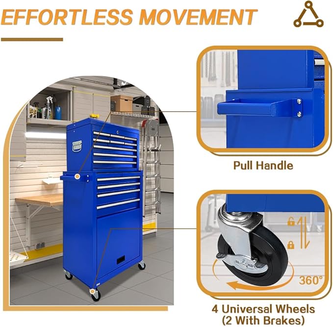 13-Drawer Tool Chest with Wheels,2 in 1 Detachable Rolling Tool box with Drawers,Large ToolBox with Lock,Mobile Steel Tool Cabinet Storage for Warehouse,Garage-Blue