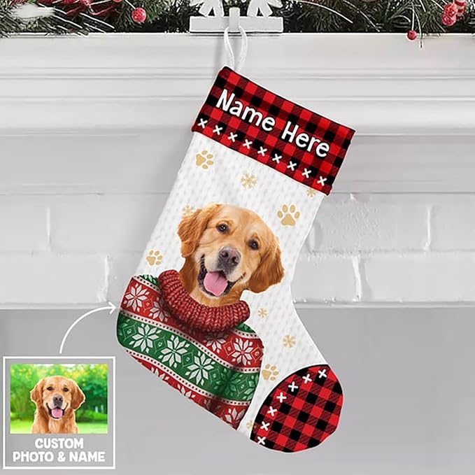 LOVELYPOD Christmas Stockings Personalized with Name, 19" Christmas Stocking Custom Christmas Photo Stocking 2023, Xmas Stocking Holiday Christmas Decoration Gifts for Family Kids