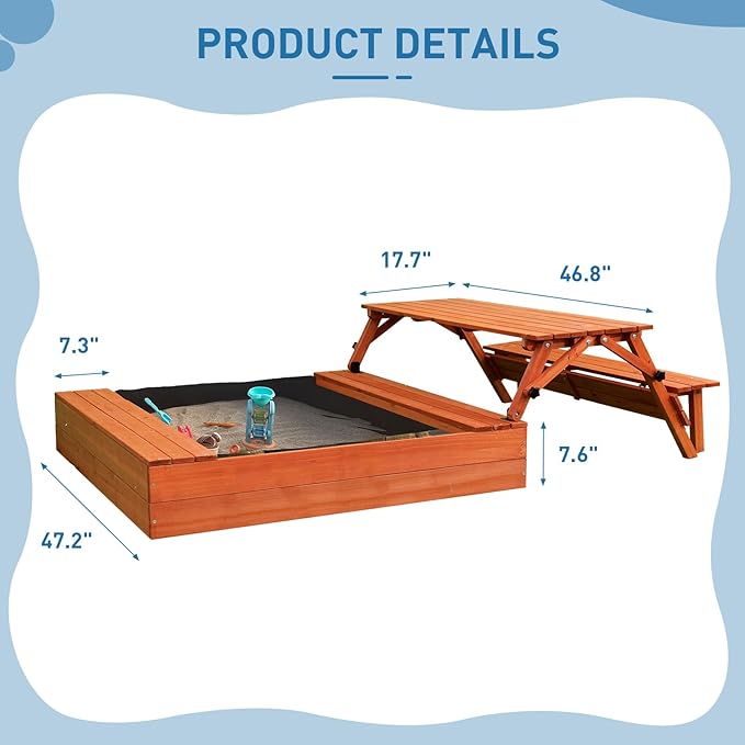 Wooden Kids Sandbox with Lid Sand Box with Cover Outdoor Sand Pit with Picnic Table Ages 4-8 Bottom Liner