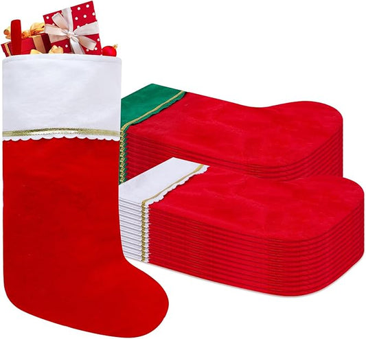 24 Pack Felt Christmas Stockings, 19 Inches Christmas Stockings Hanging Ornaments, White Cuff with Gold Trim Christmas Stockings for Family Christmas Holiday Decorations（12pcs Red+12pcs Green）