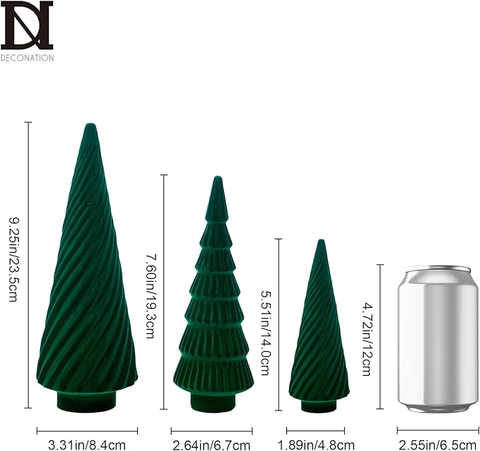 DN DECONATION Set of 3 Flocked Velvet Christmas Trees, Green Tabletop Xmas Tree Decor with Pine, Swirl & Wave Designs Mini Christmas Figurines for Mantel, Desk, Holiday Centerpiece