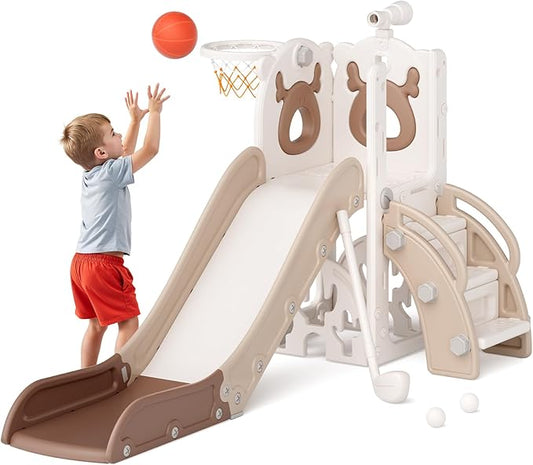 Mloong 7 in 1 Toddler Slide, Kids Slide for Toddlers Baby 1-3 Years Old, Indoor and Outdoor with Basketball Hoop Upgraded Golf for Kids Easy Assembly Elk Design(Beige & Rosy Brown)(28×62×39in)
