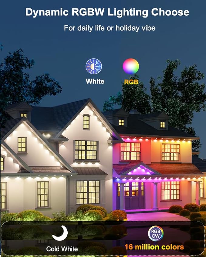 Smart Permanent Outdoor Lights, 100ft with 60 RGBW+IC LED String Lights, IP67 Waterproof Eaves Light with 108 Scene Modes for Halloween Christmas Birthday Holiday Party, APP/Remote Control