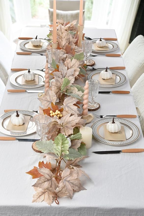 DearHouse 2 Pack Fall Garland Maple Leaf, 5.9Ft/Piece Hanging Vine Garlands Artificial Autumn Foliage Garland Thanksgiving Decor for Home Wedding Fireplace Party Christmas (White&Green)