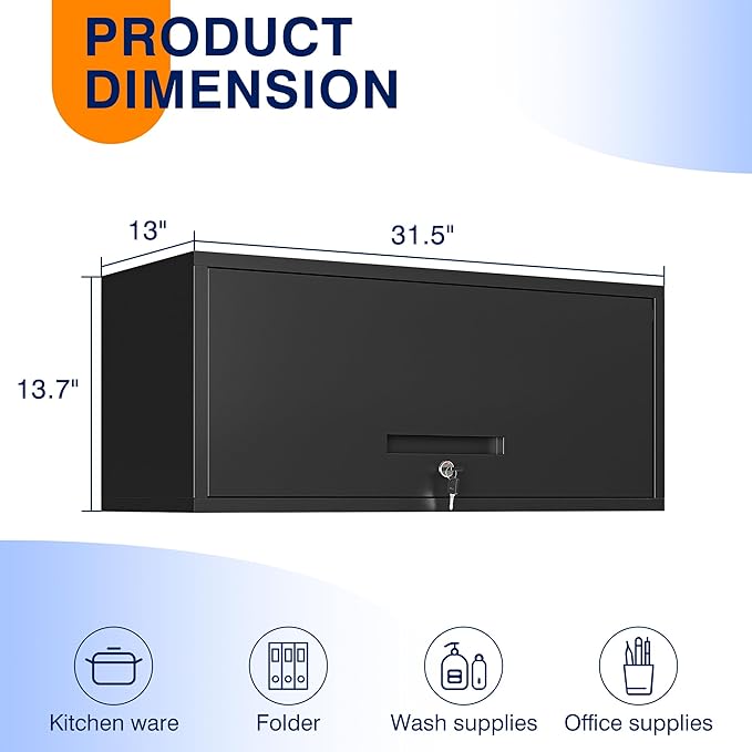 Yizosh Metal Garage Cabinet with Doors, Wall Mounted Storage Cabinet, Floating Tool Cabinet for Basement, Kitchen, Warehouse (Black, 13.7 H)
