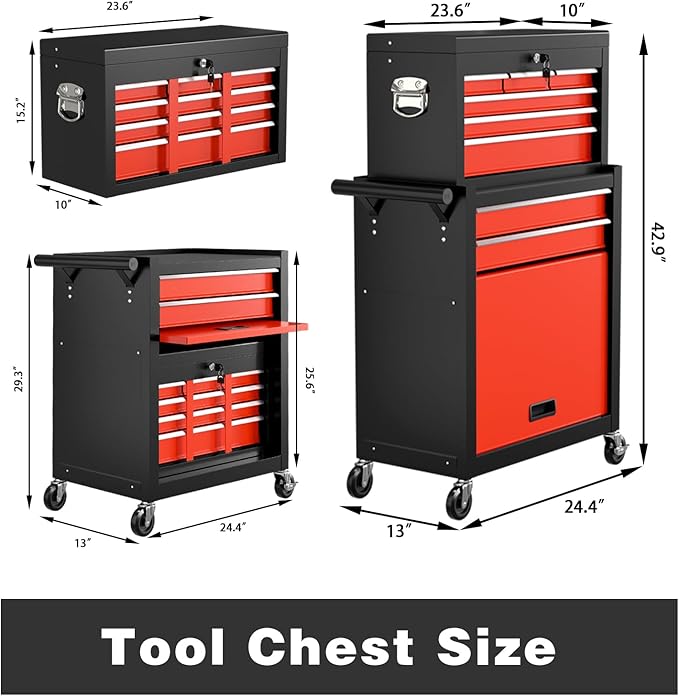 8-Drawer Rolling Tool Chest, High Capacity Removable Tool Storage Cabinet, Detachable Toolbox with Lock for Garage Warehouse and Workshop (BlackRed)