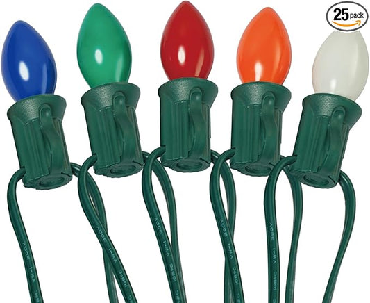 C7 Christmas Lights Outdoor Multicolor 5W,25Ft Incandescent Vintage String Lights with 27 Glass Bulbs,Green Wire,Waterproof for Outdoor Decor (Roofline,House,Garden,Patio)