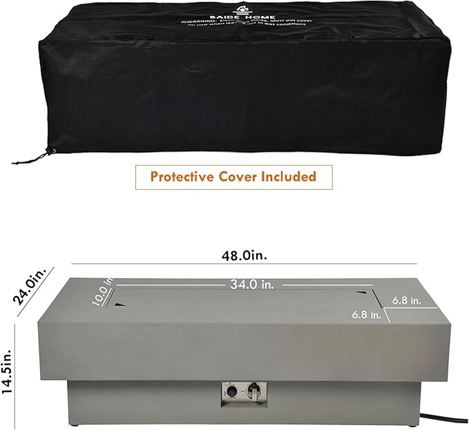 48-inch Fire Table with 20lb Propane Tank Cover & Wind Glass Shield, 50,000BTU Outdoor Modern Patio Fire Pit Table w/Rectangular Burner Lid, Glass Rocks, Pre-Attached 10ft External Gas Hose