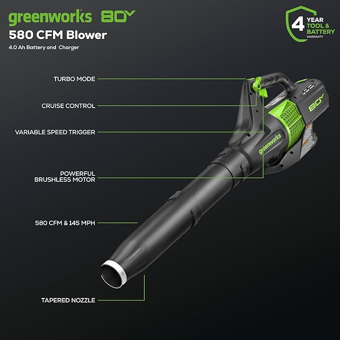 Greenworks 80V 21¡± Brushless (Self-Propelled) Cordless Electric Lawn Mower + (580 CFM) Axial Leaf Blower (75+ Compatible Tools), 4.0Ah Battery and 60 Minute Rapid Charger, Green and Black