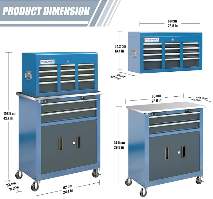 LARBANKE 8-Drawer Rolling Tool Chest with Wheels and Door,Tool Box with Sliding Drawer,Stainless Steel Countertop Tool Chest,can Form Large Workbench,for Garage Workship