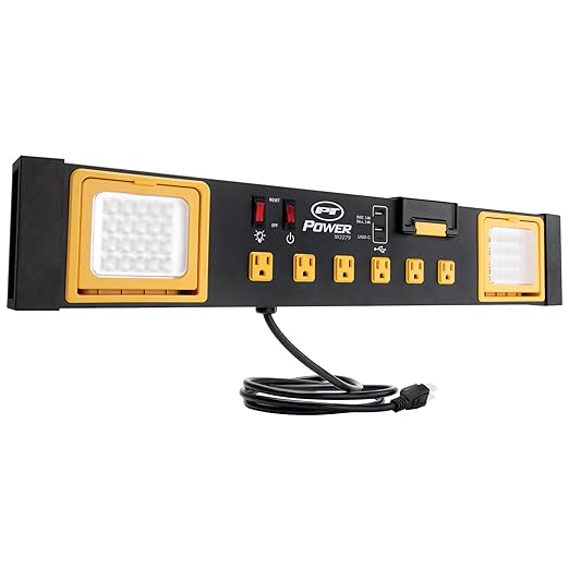 Performance Tool W2279 Commercial Grade Power Station with 6 Outlets, 2 USB Ports, Built-In Cradle, and LED Lights, Ideal for Workshops and Garages