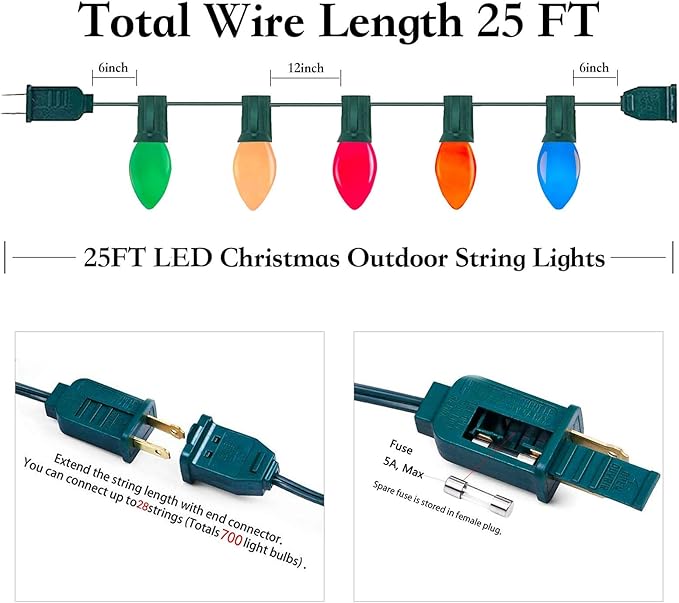 C7 LED Christmas String Lights,Vintage 25Ft Outdoor Multicolor String Lights with 27 Energy-Efficient Waterproof Glass LED Bulbs for Christmas Backyard Carnival,Patio,Wedding,Holiday Decoration.