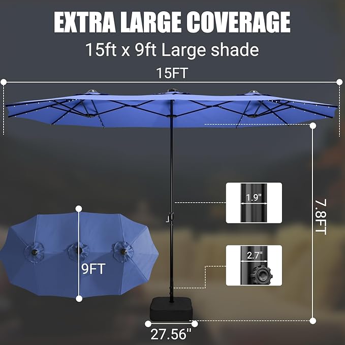 CHABATREE 15FT Rectangle Patio Umbrella with Base & Solar LED Lights - Double-Sided