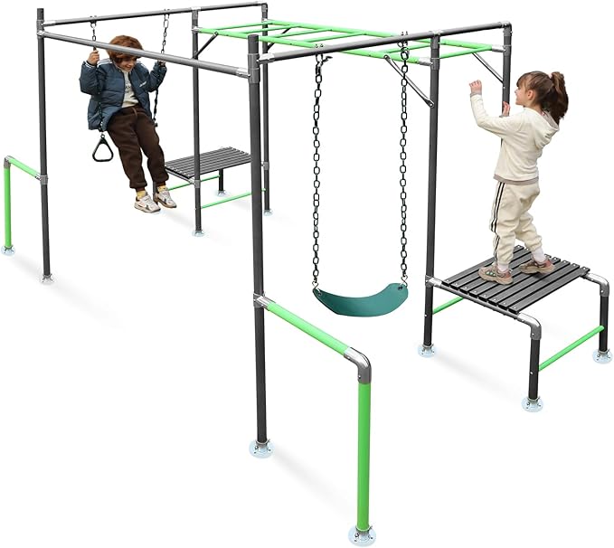 Outdoor Jungle Gym with Monkey Bars Frame, Climbing Set, Trapeze Swing Bar, Belt Swing, Kids Gymnastics Bars, Playground Set with Powder Coated Galvanized Steel for Backyard, Garden, Grass
