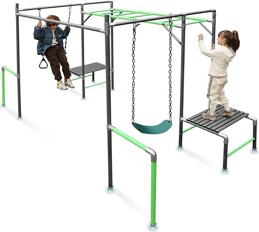 Outdoor Jungle Gym with Monkey Bars Frame, Climbing Set, Trapeze Swing Bar, Belt Swing, Kids Gymnastics Bars, Playground Set with Powder Coated Galvanized Steel for Backyard, Garden, Grass