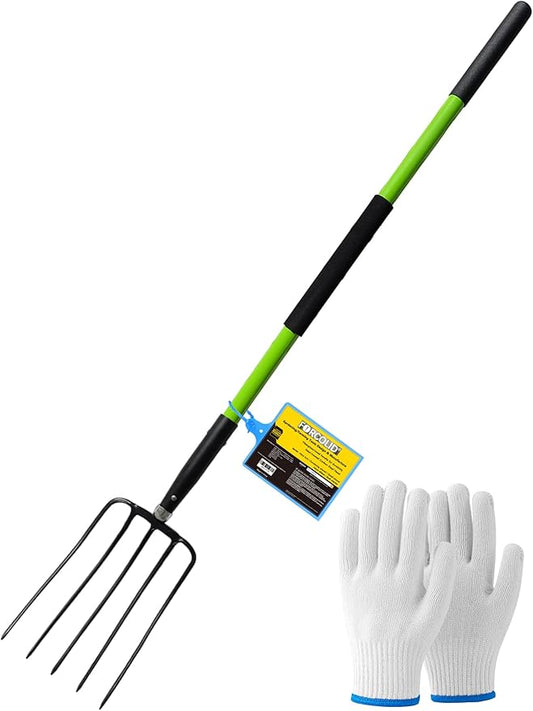 Pitch Fork-57 Inch£¬5-Tine Steel Garden Fork Heavy Duty, Mulch with Cushion Grip, Green Fiberglass Handle